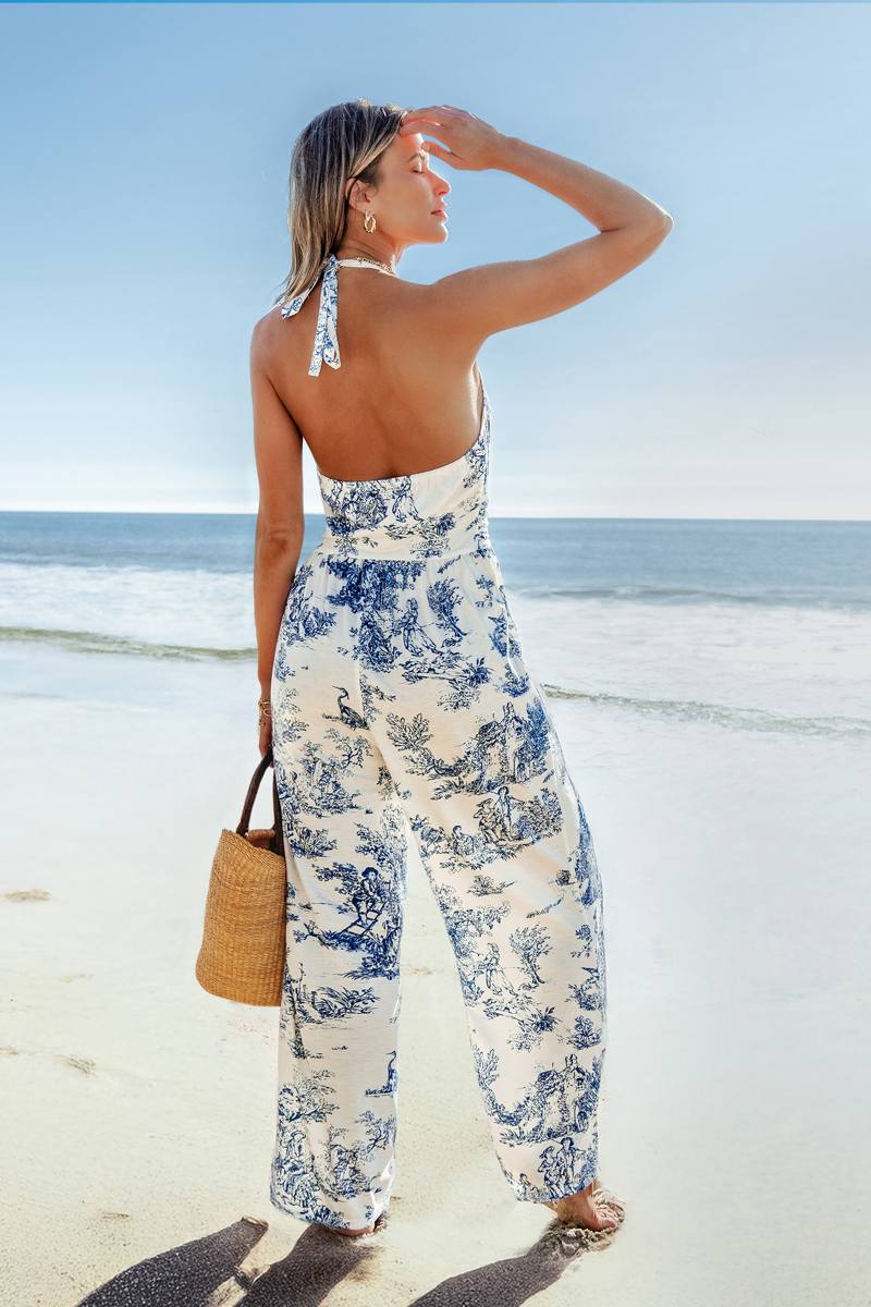 Toile Print Halter Neck Straight Leg Jumpsuit